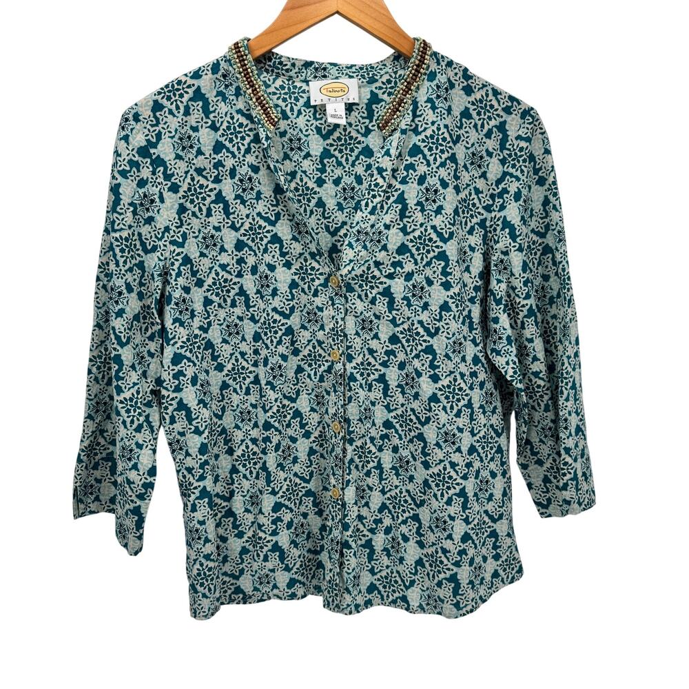 Talbots Blouse Womens‎ Petite Large Lp Teal Button Up Beaded V-Neck 3/4 Sleeve